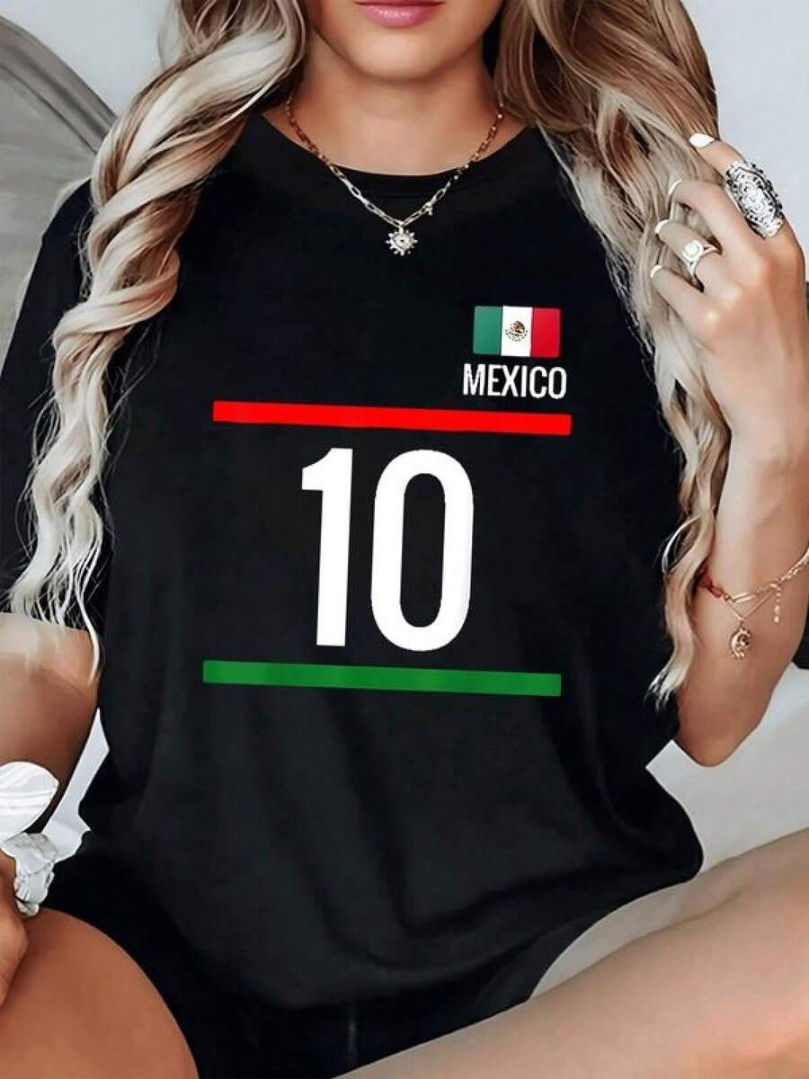 Bandera tricolor mexicana con número diez que simboliza la pasión y el orgullo nacional en cada detalle inspirando fuerza unión y amor por México camiseta de mujer casual cómoda para uso diario - Negro - Ver 1