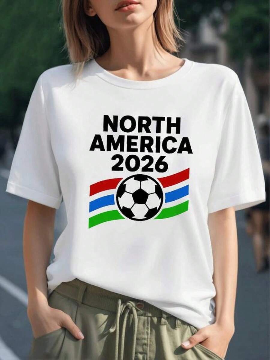 Balón con franjas rojas azules y verdes que simboliza la unión deportiva del continente rumbo a 2026 camiseta para mujer 100% algodón suave y cómoda - Negro - Ver 1
