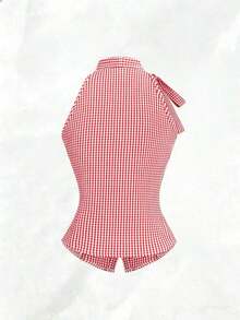 Camisa de mujer de corte ajustado con cuello con lazo, sin mangas, escote en V delantero abierto, botones verticales en la cintura y fruncido, de estilo casual y elegante para primavera y verano - Rojo - Ver 2
