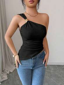 Blusa elegante y sexy de mujer con cuello halter sin mangas, con decoración metálica, tela texturizada, recogido en la cintura, adecuada para salidas, citas, vacaciones - Negro - Ver 3