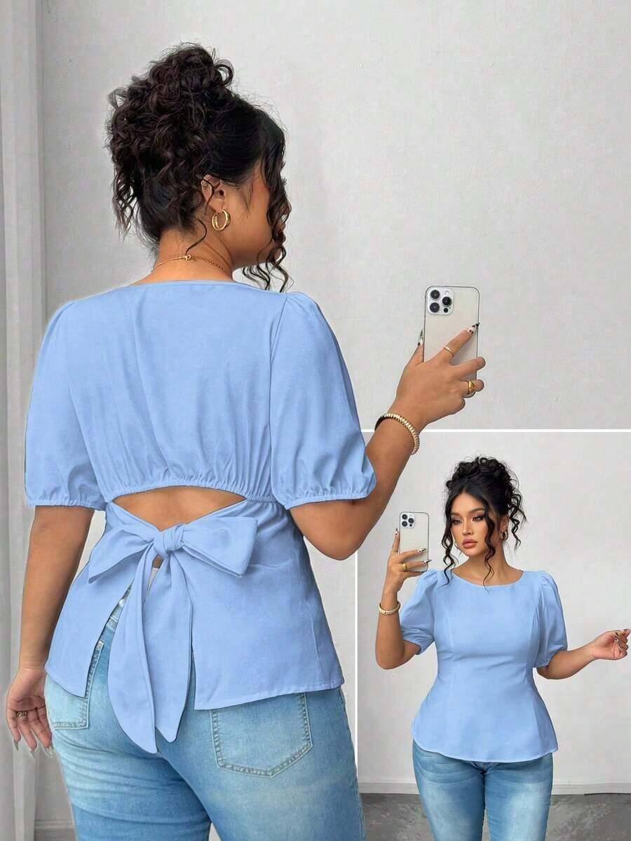 Blusa casual de manga corta con lazo y espalda abierta, unicolor, para mujer talla grande, verano - Celeste - Ver 1
