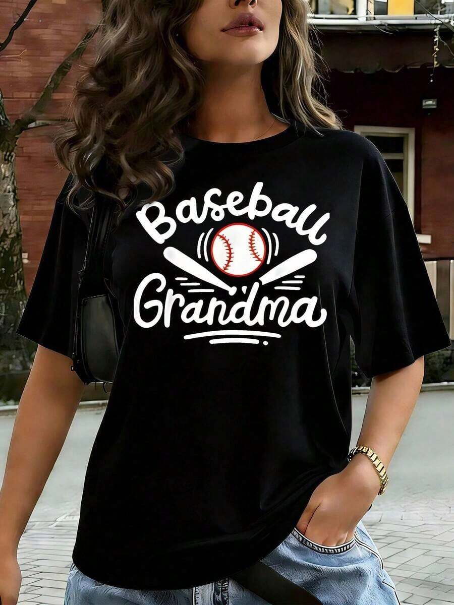 Women's Casual T-Shirt, Baseball Graphic Design For Grandmother/Mother's Day, Short Sleeve, Comfortable For Casual And Elegant Outfits, Lightweight And Breathable, Machine Washable, Regular Fit, Crew Neck, 100% Cotton, Durable - 黑色 - 查看 1