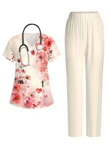 Conjunto de uniforme de enfermera de 2 piezas con parte superior de estampado floral rojo y pantalón recto de color albaricoque claro.La parte superior tiene diseño de escote en V, manga corta, bolsillo y borde elástico, para primavera/verano. - Multicolor 8 - Ver 1