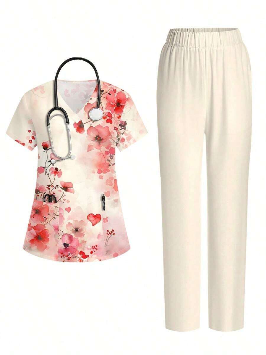 Conjunto de uniforme de enfermera de 2 piezas con parte superior de estampado floral rojo y pantalón recto de color albaricoque claro.La parte superior tiene diseño de escote en V, manga corta, bolsillo y borde elástico, para primavera/verano. - Multicolor 8 - Ver 1
