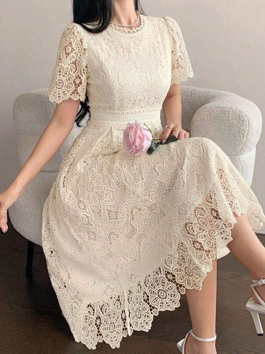 Vestido corto con adorno de encaje en las mangas, vestido mini elegante y refinado - Beis - Ver 1