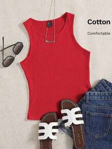 Top sin mangas de punto acanalado amarillo para looks de verano - Rojo - Ver 7