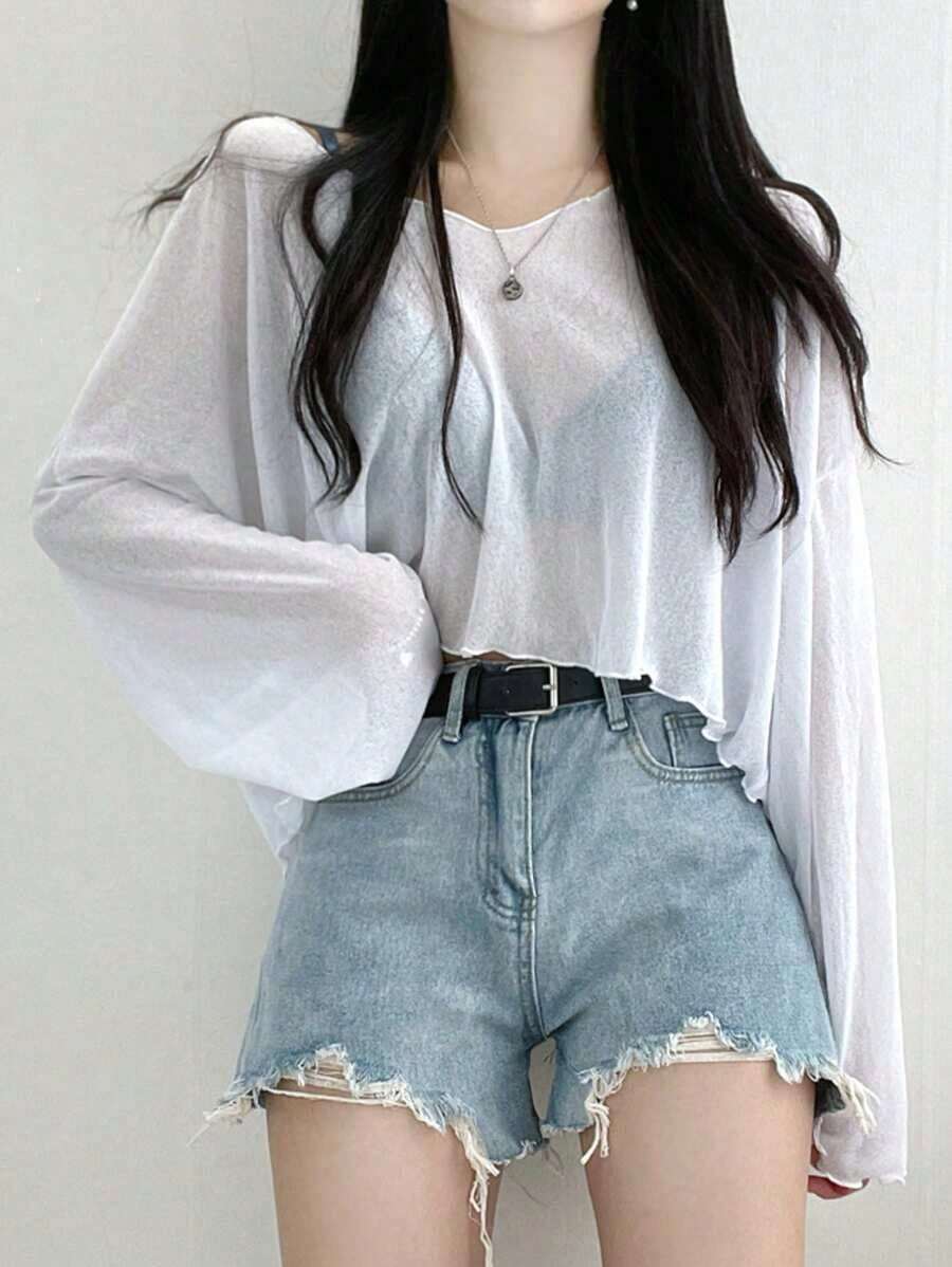 Camiseta corta de mujer de unicolor con cuello en V holgado, blusas de mujer de manga larga para primavera/verano, ropa de mujer para otoño - Blanco - Ver 1