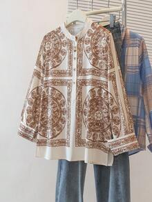 YUXIN Women's Loose Chiffon Printed Shirt, Filled With Retro Charm, Suitable For All Seasons, Showcasing High-End Quality, Suitable For Both Work And Leisure - Coffee Brown - View 2