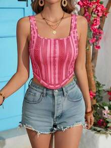 Top corto de punto con estampado de vacaciones para mujer - Rosa - Ver 4