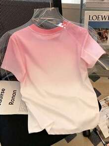 Camiseta de mujer de manga corta con cuello redondo y bloque de color, casual de verano - Multicolor - Ver 2