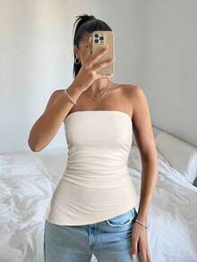 Top bandeau con pliegues en el bajo en color borgoña sólido - Uso casual diario, para usar en el Día de San Valentín - Albaricoque - Ver 4