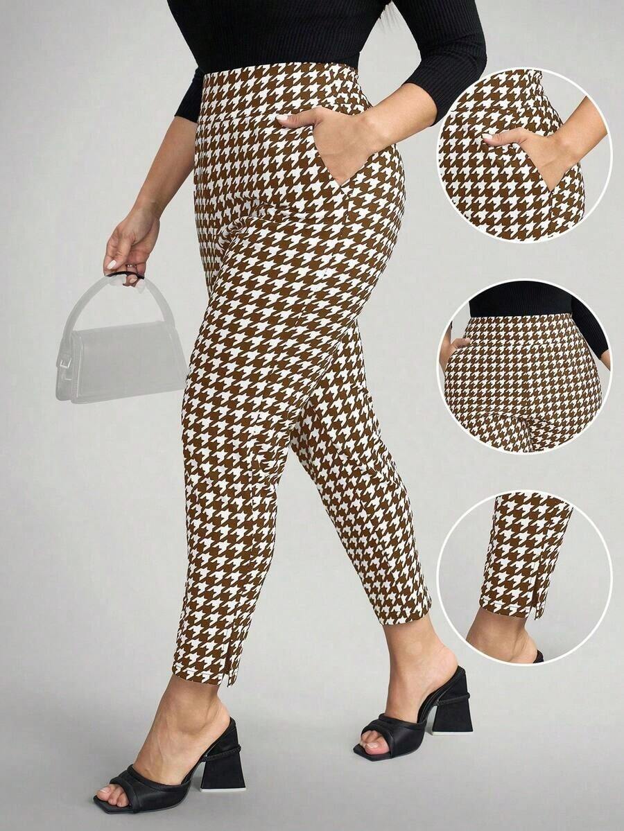 Pantalones casuales con estampado de lunares, bolsillos y aberturas laterales para mujer talla grande.Ideales para vacaciones, Año Nuevo, Día de San Valentín, negocios casuales, oficina, primavera y verano - Marrón - Ver 1
