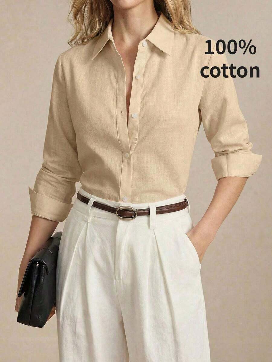 2026 Nueva Camisa Básica Versátil y Elegante para Mujer con Botones Delanteros y Cuello Mao en Color Azul Claro, Adecuada para Ir al Trabajo, Uso Diario, Estilo Retro de los 90, Navidad, Año Nuevo, Fiesta de San Valentín, Playa, Graduación, Moda, - Caqui - Ver 1