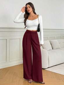 Tall Pantalones anchos de cintura alta de unicolor y versátiles, pantalones de cintura alta de estilo casual de otoño e invierno, pantalones negros de mujer, pantalones negros de vestir de pierna ancha, pantalones negros casuales, pantalones de esti - Burdeos - Ver 7