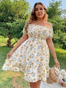 Vestido con estampado floral, hombros descubiertos, volantes fruncidos y bajo con volante para vacaciones y playa para mujer talla grande - Amarillo - Ver 4