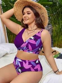 Conjunto de bikini con estampado tropical para la playa de verano en tallas grandes - Morado - Ver 5