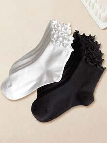 1/3/5 Pairs Women Cute Ruffle Ankle Socks, White And Black, Polyester Elastic Blended, Machine Washable - Multicolor - View 8