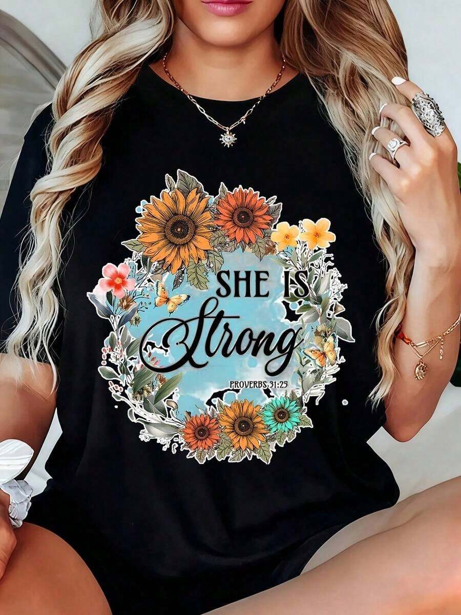 Women's Short-Sleeved Crew Neck T-Shirt, Floral Design "She Is Strong" With Sunflowers And Butterflies, Inspirational Quote From Proverbs 31:25, For Daily Wear, Casual Outfits, Yoga And Leisure Activities. - 黑色 - 查看 1