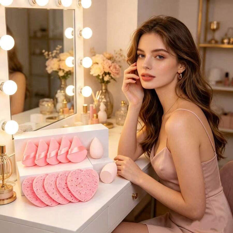 Bộ 12 miếng mút trang điểm bao gồm bông phấn tam giác, mút rửa mặt, mút trang điểm, thích hợp làm quà tặng cho bạn bè. - Hồng - Xem 1