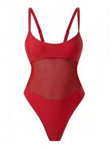 Traje de baño de una pieza con cordones, unicolor, con entramado y diseño sexy y hueco, para verano, playa y estilo boho - Rojo - Ver 4
