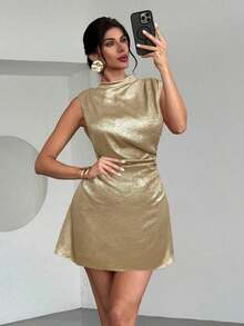 Vestido mini plisado de línea A elegante, minimalista, delicado, romántico y dulce para uso diario, boda, fiesta, festival de música y vacaciones, con camisola roja - Champán - Ver 2