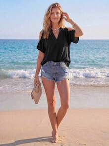 Blusa de uso diario de unicolor para primavera/verano, informal - Negro - Ver 3
