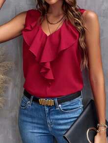 Blusa sin mangas con ribete de volantes, blusas sin mangas de verano elegantes para damas - Rojo - Ver 4