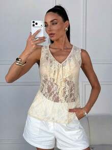 Blusa sin mangas con ribete de volantes, blusas sin mangas de verano elegantes para damas - Albaricoque - Ver 6