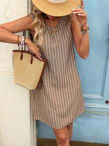 Vestido de verano casual con estampado tropical para vacaciones de mujer - Caqui - Ver 4