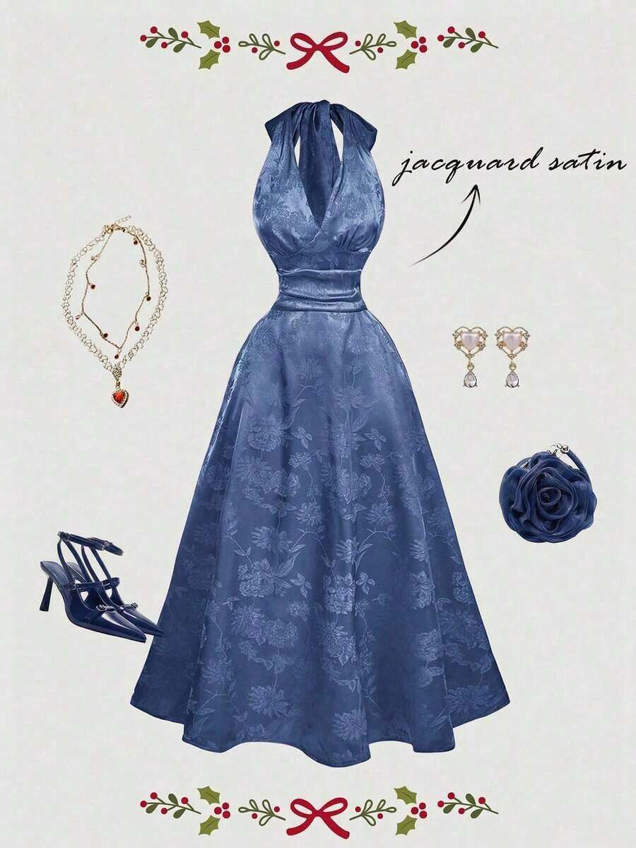 Vestido de mujer de moda con estampado total, cuello halter y lazo en la cintura, de largo medio - Azul - Ver 1