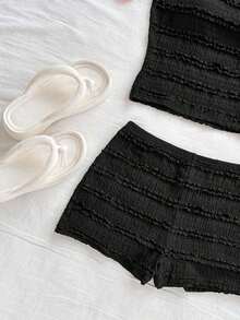 Conjunto de 2 piezas para vacaciones primavera/verano de mujer: Top corto asimétrico de hombro de punto a rayas rojas y blancas y shorts ajustados de tiro súper bajo, adecuado para fiesta, Navidad, San Valentín, cita, playa, crucero, carnaval, Pasc - Negro - Ver 3