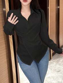 Blusa larga de manga larga con nudo de mujer, color liso, camisa de mujer para primavera y otoño, blusas de manga larga - Negro - Ver 6