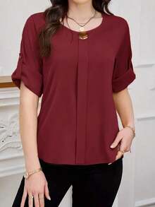 Clasi Blusa casual sencilla para uso diario con cuello redondo, manga corta y botones delanteros para mujer - Burdeos - Ver 4