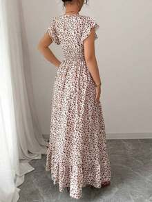 Nuevo vestido casual de vacaciones para mujer con manga corta con volantes, cintura ceñida y estampado floral menudo - Aspecto estilizador y alargador - Multicolor - Ver 2