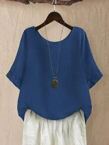 Top holgada de cuello redondo para mujer de talla grande en color verde salvia texturizado, para uso casual/diario/al aire libre/minimalista/vacaciones que estiliza, para primavera/verano - Azul - Ver 1