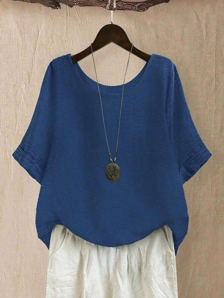 Top holgada de cuello redondo para mujer de talla grande en color verde salvia texturizado, para uso casual/diario/al aire libre/minimalista/vacaciones que estiliza, para primavera/verano - Azul - Ver 1