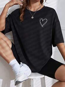 100% Cotton -Simple Line Small Heart Print Round Neck Oversize Loose T-Shirt -Summer - 黑色 - 查看 1