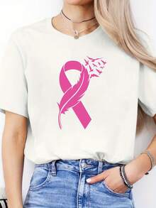 Breast Cancer Awareness T-Shirt With Pink Ribbon And Butterflies, Casual Knit Fabric For Spring/Summer, Medium Stretch, Crew Neck, Polyester - Unisex Adult Top - [白色的] - 查看 6