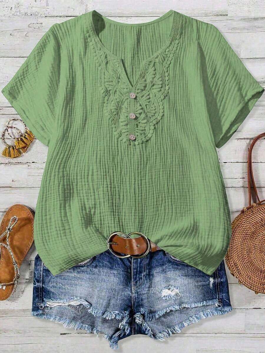 Mono informal con cuello en V y estampado floral para mujer talla grande - Verde - Ver 1