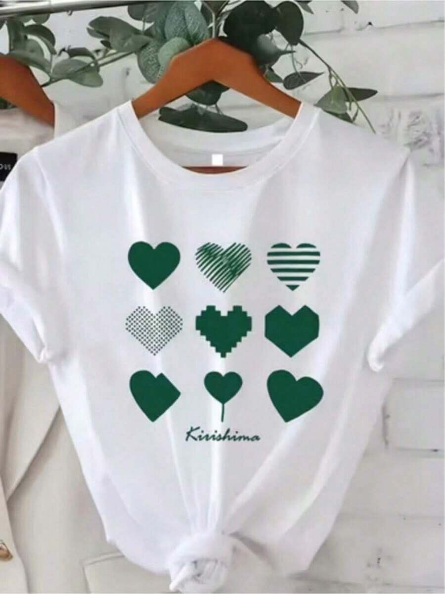 Camiseta de Mujer 100% Algodón, Manga Corta, SS26, Estampado Gráfico con Corazones Verdes y Texto Kirishima - Blanco - Ver 1