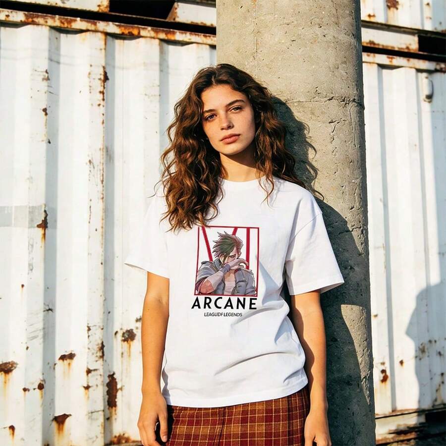 Women's Summer Clothing, Soft Cotton Casual T-Shirt With Round Neck, ARCANE Print. Black. - 白色 - 查看 1