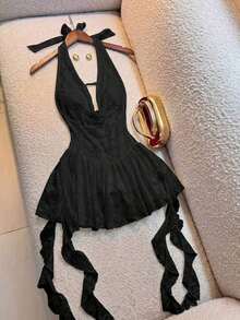 Vestido mini con escote en V, encaje calado y capas, tirantes finos y espalda descubierta, sexy y elegante para el verano - Burdeos - Ver 8