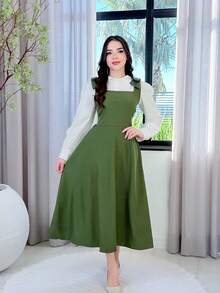 Tailored Dress With Wide Straps And Bow, Code 02, Evangelical Fashion (Shirt Not Included) - Army Green - View 4