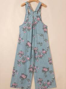 Boho  Button Floral Jean Cotton Denim Overall Romper Jumpsuit - Blue - View 4