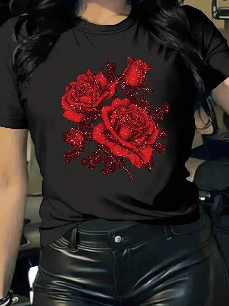 1 Camiseta Elegante de Talla Grande con Estampado Floral, 100% Algodón, Tejido de Punto Elástico, Cuello Redondo, Lavable a Máquina, para Uso en Todas las Estaciones, Regalo Perfecto para Amigos y Familia - Negro - Ver 1