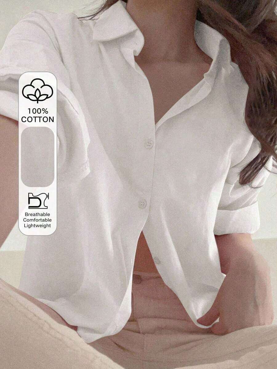 Blusa suelta de unicolor con botones para mujer, de moda para el verano y el otoño, top de manga larga - Blanco - Ver 1