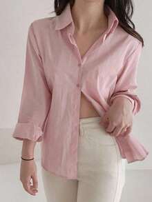 Blusa holgada y versátil de unicolor para mujer, prenda de vestir de otoño con manga larga - Rosa - Ver 2