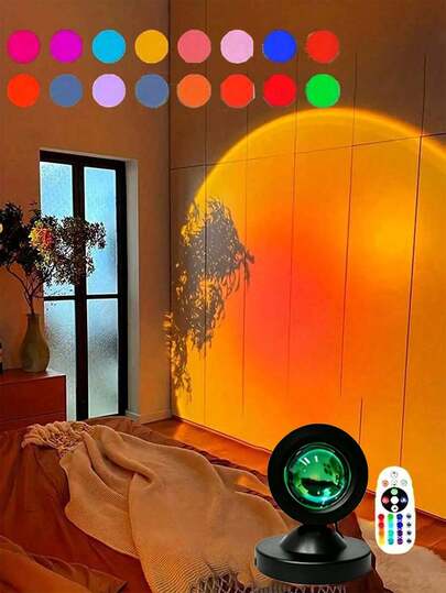 1个USB供电的RGB落地灯，RGB 16色日落投影灯，LED日落氛围灯，日落效果投影仪，房间装饰夜灯，多色投影仪，房间氛围照明，配有大遥控器，多色变换，可旋转，适用于装饰、摄影、派对、卧室、家居装饰