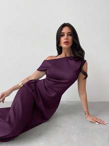 Vestido elegante asimétrico de hombro con pliegues y bajo de cola de sirena en color verde, adecuado para citas, vacaciones, bodas, eventos, regreso a la escuela, graduación, vestido de dama de honor formal, vestidos elegantes para mujer - Morado - Ver 6