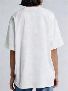 Unisex Casual T-Shirt For Women, Spring/Summer, New With Letter And Fruit Print, Round Neck, Short Sleeve, Versatile And Fashionable, Essential Garment For Daily Wear And Vacations, Classic Thick Cotton Graphic Print T-Shirt, Casual Short Sleeve Top For Women, 100% Cotton, Durable - 白色 - 查看 3